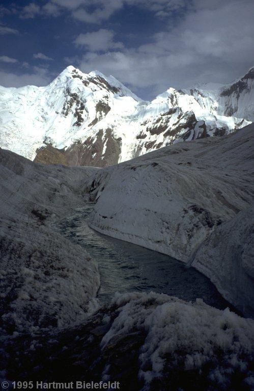 Deeply carved, rapid rivers make the glacier traverse difficult.