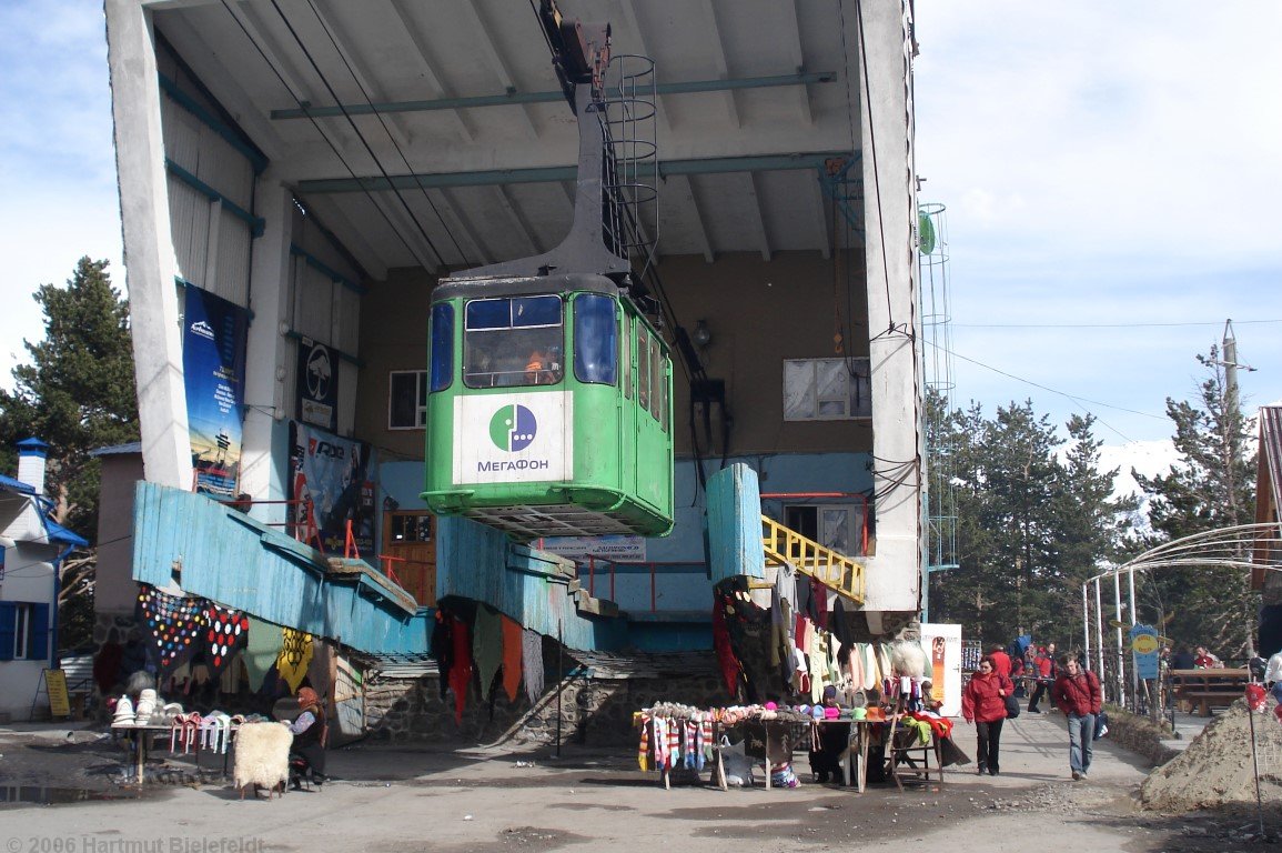 The cable car at Azau is surrounded by a bazar