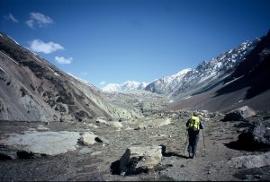 Far back in the valley we see the scree-covered glacier