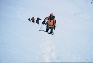 In deep snow on the way to the summit