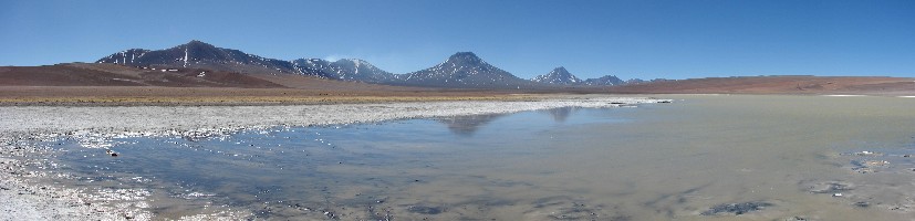 Laguna Leja with the volcanoes Lscar, Aguas Calientes, and Acamarachi