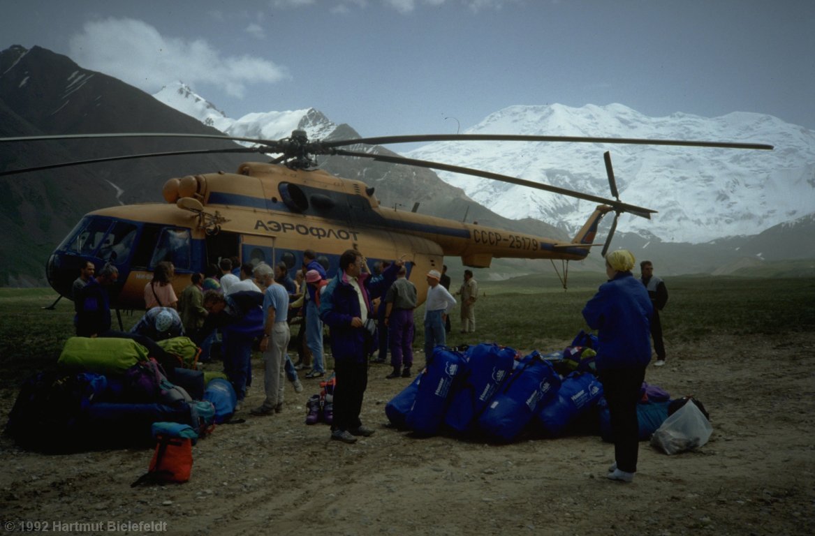 Arrival in the base camp. In the background Peak XIX party assembly of the Communist Party of the Soviet Union