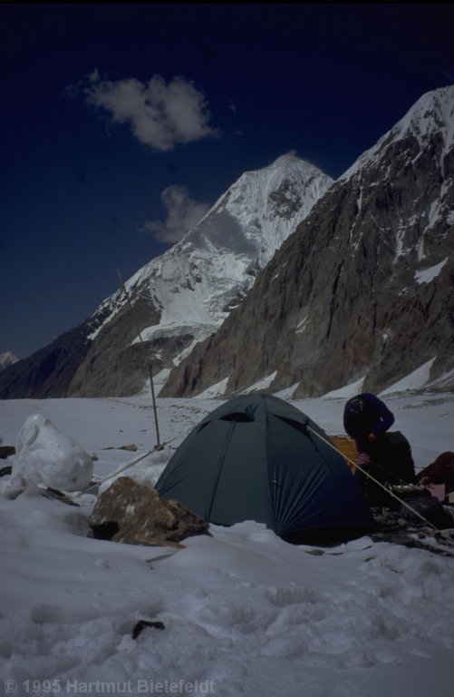 In moraine camp. The Russians have built elephants and other snow sculptures.