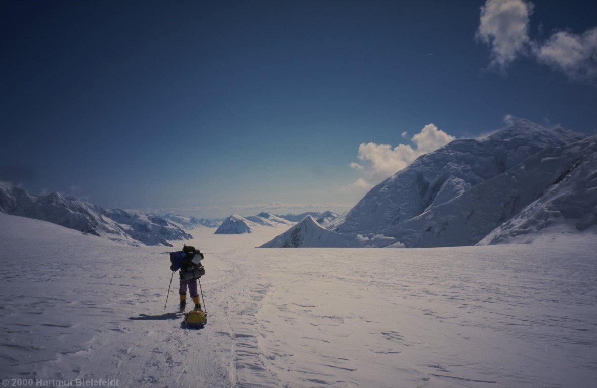 Down on Kahiltna Glacier the monotony of the long way back is waiting for us