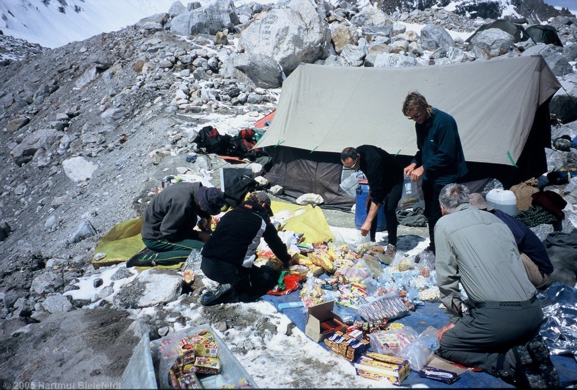 Sorting equipment in base camp