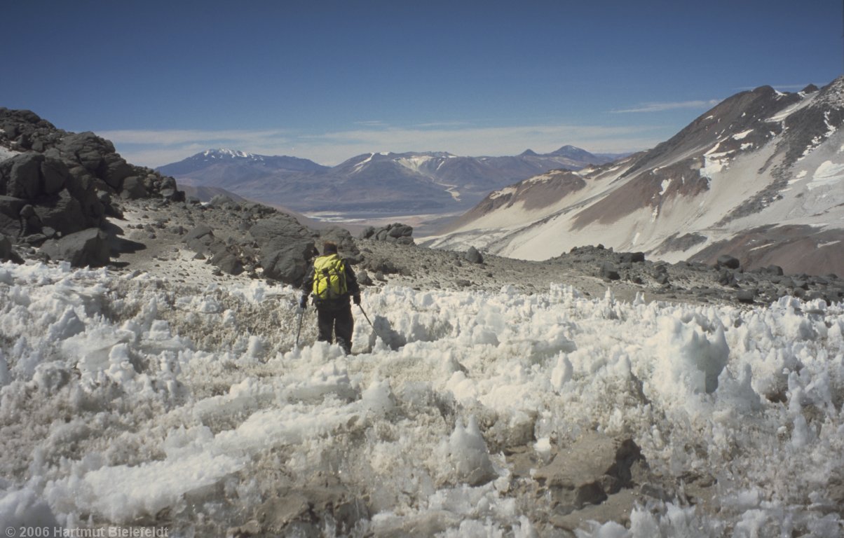 Some penitent snow on the descent