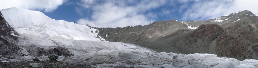Das obere Gletscherbecken: Man quert den Gletscher in Bildmitte und steigt dann die Geröllhänge nach rechts hoch.
